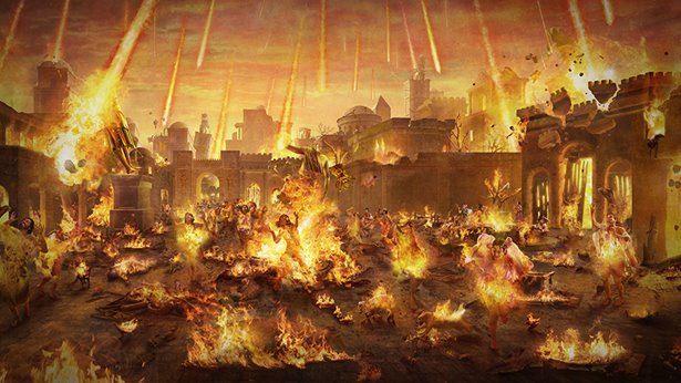 El fuego de azufre bajó en la ciudad de Sodoma, los animales y los animales fueron quemados y la ciudad fue destruida