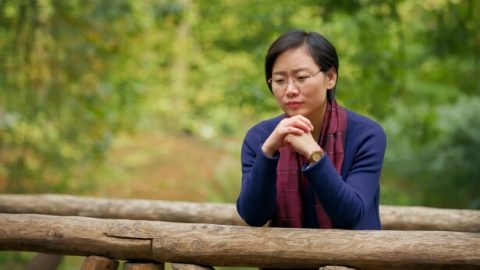 一个女士站在木桥上思考问题